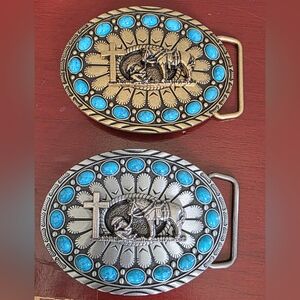 Turqouise Cowboy kneeling praying at cross With His Horse Belt Buckle